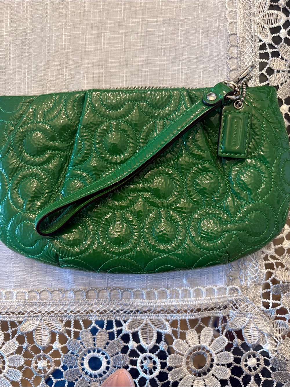 Coach Quilted Patent Leather Green Wristlet with Strap